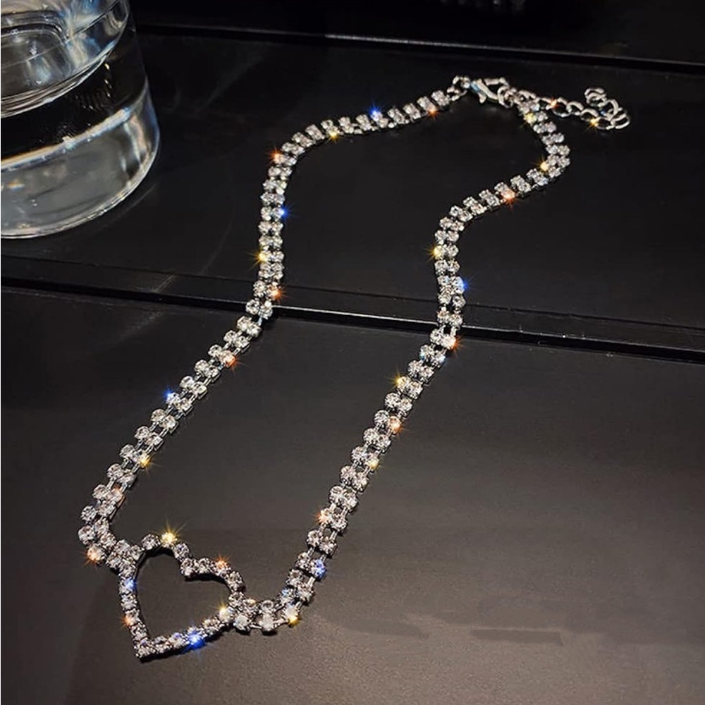 Heart Rhinestones Crystal Link Chain Necklace Silver tone Simple Love